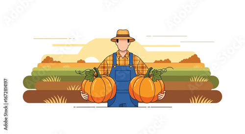 Farmer Holding Pumpkins In An Autumnal Field With A Backdrop of Sunrise Landscape