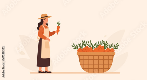 Farmer Inspecting Fresh Carrots Next To A Huge Basket Of Harvested Vegetables