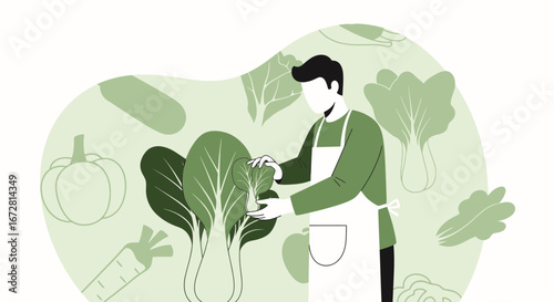 Farmer Inspecting Freshly Harvested Vegetables in the Garden's Greenery
