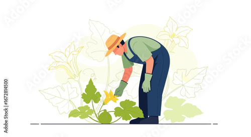 Farmer Inspecting Zucchini Flowers in a Garden with Green Leaves and Yellow Floral Elements