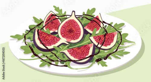 Fresh Figs Salad Decorated, Tasty Meal on Plate, Healthy Gourmet Cuisine Illustration