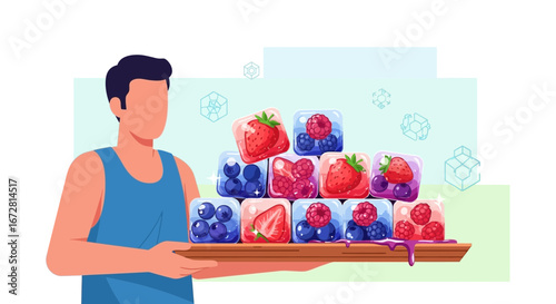 Fresh Fruit Ice Cubes Presentation by a Man, Healthy Refreshing Summer Refreshment Concept