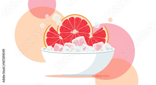 Fresh Grapefruit Wedge Served In a White Bowl With Refreshing Ice Cubes, Elegant Illustration