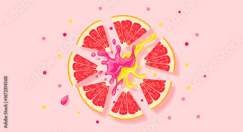 Fresh Grapefruit Slice Exploding With Delicious Juice And Sprinkles, Pink Background