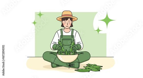 Farmer Meditates While Holding Fresh Harvested Okra in a Bowl of Greens