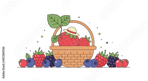 Fresh Harvest Of Summer Berries In A Basket And Scattered Around