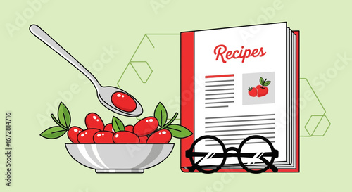 Fresh Ingredients And Cookbook Illustration For Culinary Creations Concept