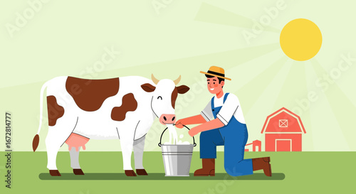 Farmer Milking Cow In The Field Near The Barn During A Sunny Day