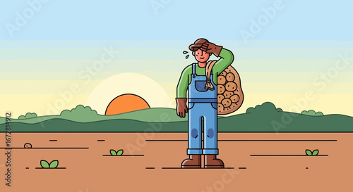 Farmer Pauses To Survey The Land After Harvesting Potatoes In The Warm Morning Sunlight