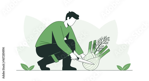 Farmer Perfectly Prepares Fresh Fennel with Expertise for Culinary Creations