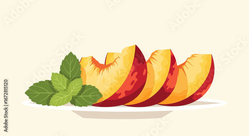 Fresh Peach Slices Paired With Refreshing Mint Leaves On A White Plate