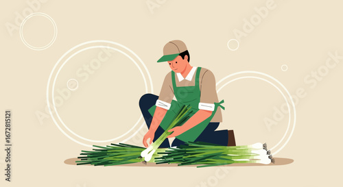 Farmer Preparing Freshly Harvested Leeks with Green Apron and Cap on the Farm
