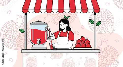 Fresh Pomegranate Juice Seller at the Cart with Unique Graphic Minimalist Style