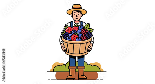 Farmer Presenting Freshly Harvested Berries in a Wooden Basket, Agricultural Illustration