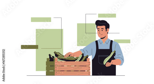 Farmer Presenting Fresh Zucchini Produce from Wooden Crate Against Abstract Background