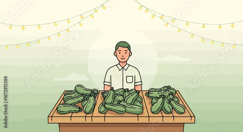 Fresh Produce Stand: Vendor Offers Zucchini, Lit by Festoon Lights, Amidst Open Air Market