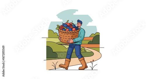 Farmer Proudly Harvesting Fruit, Carrying a Basket Filled With Delicious Berries