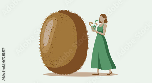 Fresh Tropical Delight: Woman Savoring Kiwi Juice Next To a Giant Version of It