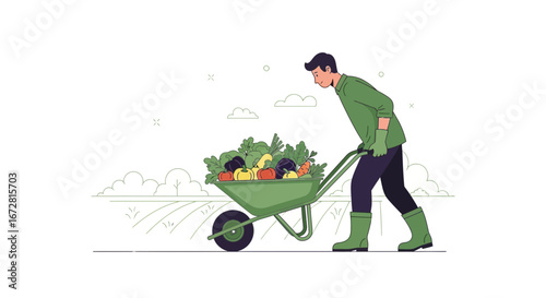 Farmer Pushing Wheelbarrow Full Of Fresh Harvested Vegetables In Field Illustration