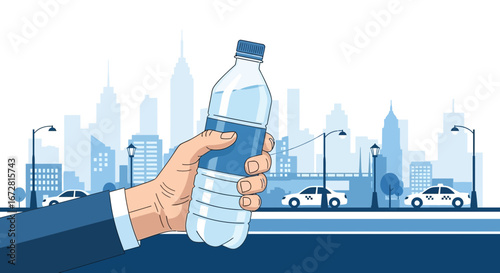 Fresh Water Hydration In Urban Environment Depicted With Bottle And City Scape Scene