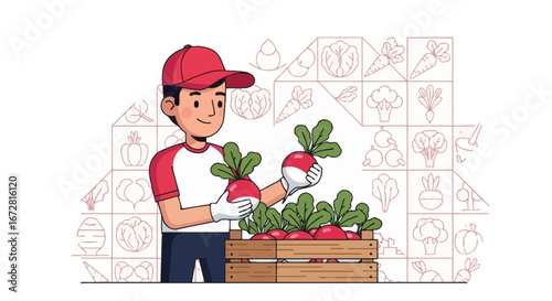 Farmer Shows Fresh Harvested Radishes From Wooden Crate, Illustrated Harvest Artwork
