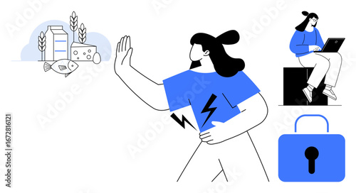 Woman avoiding allergenic foods thumbs up fish, dairy, wheat. Another person sits working on a laptop near a lock, symbolizing security. Ideal for dietary health, food sensitivity, online privacy