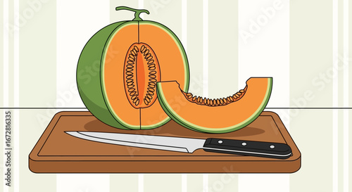 Freshly Cut Cantaloupe On Wooden Board Preparing Healthy Food Preparation