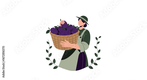 Farmer Standing And Holding A Huge Basket Full Of Freshly Harvested Grapes