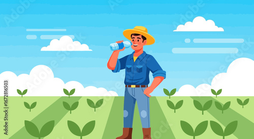 Farmer Taking A Break And Refreshing With Bottle Water In The Field Of Plants