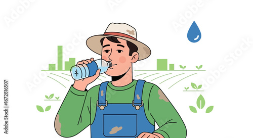 Farmer Taking a Break to Hydrate While Working in the Field, Drinking Water, Sunny Day