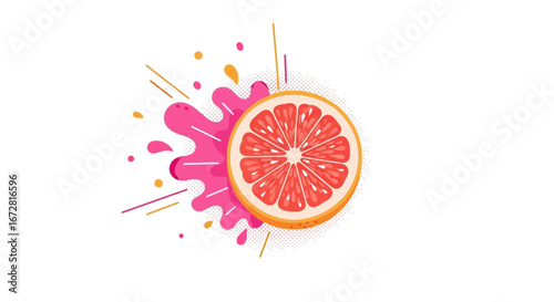 Freshly Cut Grapefruit, Bursting With Juice And Colorful Abstract Splashes, Isolated