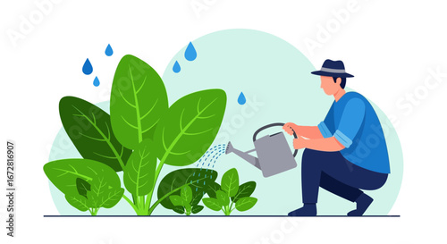 Farmer Watering Vegetables In Garden, Organic Plants Cultivation, Healthy Eating, Nature Focused