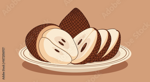 Freshly Cut Salak Fruit Arrangement Displayed Beautifully on a Plate in a Vector Illustration