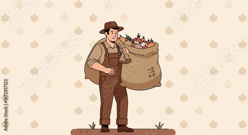 Farmer's Harvest: A Bountiful Onions Sack Carried With Pride Illustrative