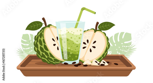 Freshly Made Custard Apple Smoothie Presented With Fruit Halves And Tray