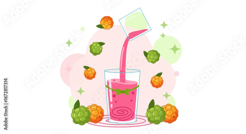 Freshly Made Smoothie Drink in a Glass With Various Scattered Berries, Illustration