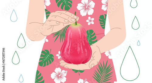 Freshly Picked Rose Apple Held by Woman, Tropical Floral Print Background Illustration