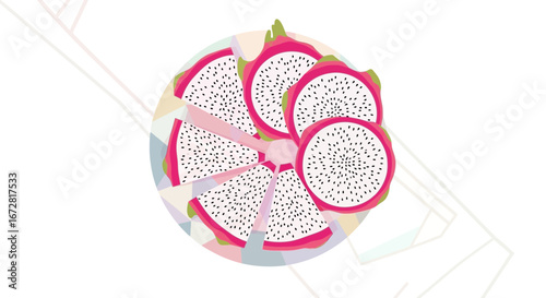 Freshly Sliced Dragon Fruit Displayed On a Plate, Modern Vector Illustration