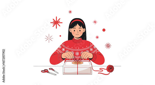 Female Wrapping Gift For The Holidays Decoration With Seasonal Motifs