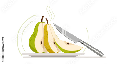Freshly Sliced Pear On A Plate With A Sharp Knife Represents Culinary Preparation