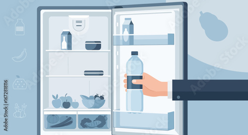 Fridge With Open Door Showing Hand Holding A Fresh Bottle Of Water And Food