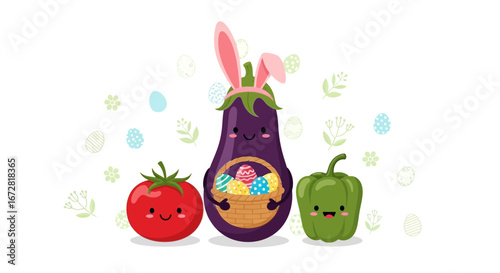 Festive Eggplant And Friends Celebrating Easter, Cute Cartoon Vegetables, Springtime Concept