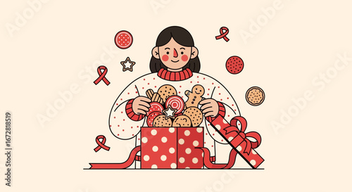 Festive Illustrated Portrait of a Woman Presenting a Gift Box Filled With Cookies