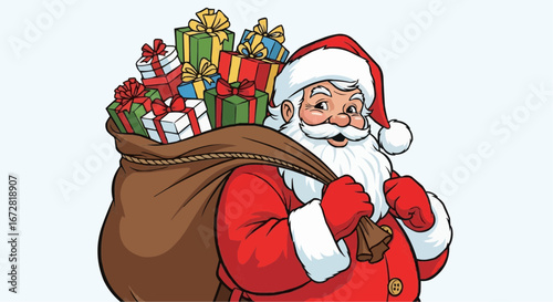 Christmas theme 2025 vector cartoon santa claus with a bag full of christmas presents and gifts for the holiday season celebration