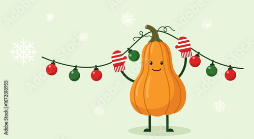 Festive Pumpkin Charmer Adorned with Holiday Lights and Smiling in Delightful Winter Scene