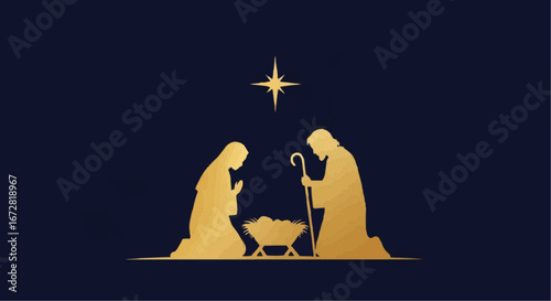 Christmas theme 2025 vector golden christmas nativity scene illustration of mary joseph and baby jesus with star of bethlehem design