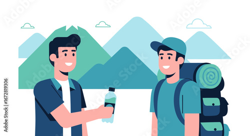 Friendly Exchange: A Water Break for the Traveler Near Majestic Mountain Peaks