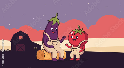Friendly Farmyard Chat Animated Vegetable Pair on a Serene Evening With a Barn