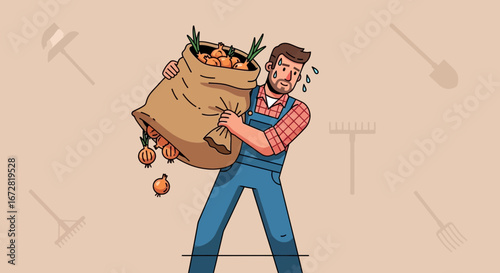 Farmer Carrying A Harvest Of Onions In A Large Sack On His Shoulder