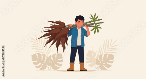 Farmer Carrying Fresh Cassava Harvest, Depicting Agricultural Labor and Rural Life